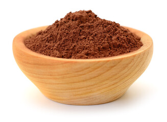Cocoa in a wooden bowl isolated.