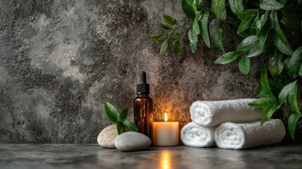 Spa elements oil, towels, candle, plant against gray backdrop