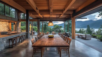 Rustic, modern, open-plan dining area with stunning lake views.  Large wooden table, exposed beams, and expansive glass walls connect indoors to outdoors