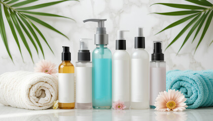 Cosmetic Bottles with Towels and Flower Isolated on Transparent Background – Spa and Beauty Care Concept