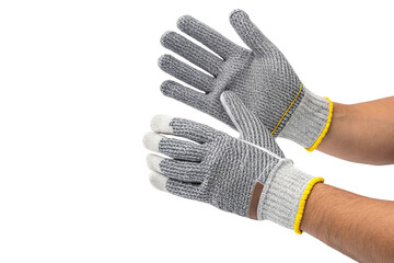 A pair of hands wearing gray cut resistant gloves with yellow trim in a neutral position