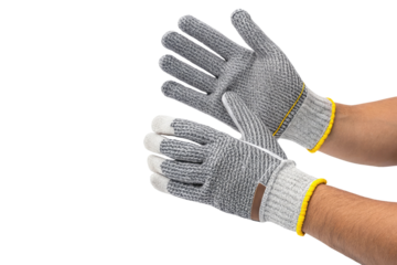 A pair of hands wearing gray cut resistant gloves with yellow trim in a neutral position