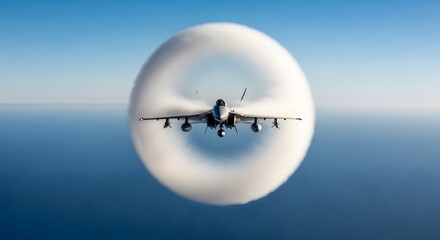 Gray Fighter Jet Flying Through Circular Cloud Over Blue Sea and Sky