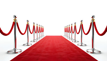 Perspective View of Red Velvet Rope Barrier with Silver Poles and Red Carpet– VIP Access and Event Entrance Concept
