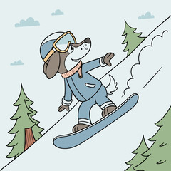 Animated canine adventurer shredding slopes on a snowboard amidst wintry conifers