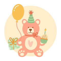 Cute happy birthday pink teddy bear. Hand-drawn vector illustration in flat style.