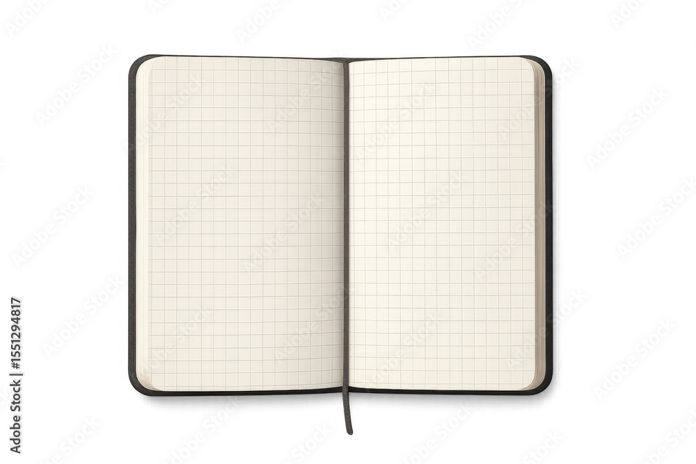 Poster open notebook showing squared pages on transparent background, ideal for educational or business con