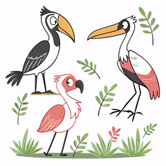 Obraz premium Whimsical avian trio: Cartoon bird gathering amidst leafy botanical flourishes