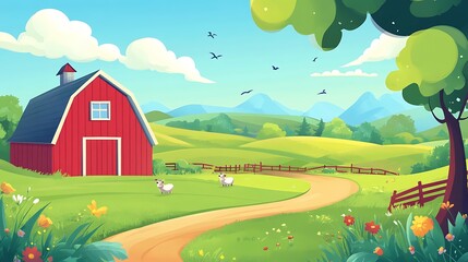 Colorful cartoon farm scene with red barn green nature and playful peaceful countryside vibe for children illustrations