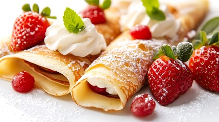 Crepes with strawberries and cream dessert isolated on clean white background