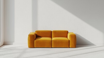 Modern yellow sofa in a minimalist room filled with natural light and shadows in a contemporary design