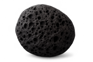 Porous volcanic rock with many cavities floating on a transparent background, ideal for graphic projects related to geology, nature, or space