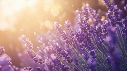 Lavender blooms sway gently in sunlight, creating a serene atmosphere in the garden during golden hour