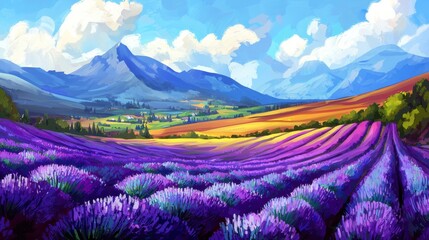 Lavender fields bloom beneath a vibrant blue sky in a lush mountainous landscape during warm summer days