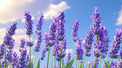 Vibrant lavender fields bloom under a sunny sky with fluffy clouds in a picturesque setting