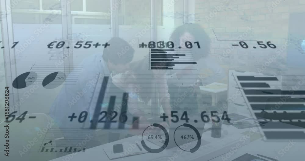 Poster business team entering meeting using laptop pointing at chart animated overlays reviewing data