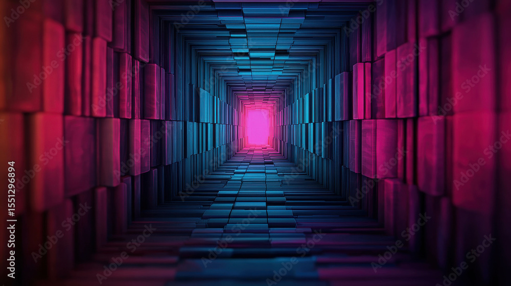 Poster abstract tunnel with colorful light effects featuring geometric patterns and depth perception for cr