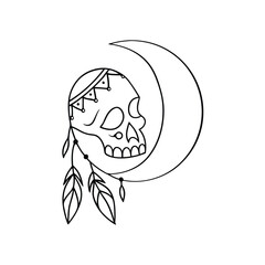 Black Line Art Skull with Crescent Moon and Feathers