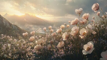 Golden sunrise illuminates a vibrant wildflower field in the mountains