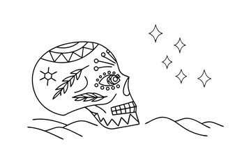 Ornate Sugar Skull Line Art with Stars and Hills black and white