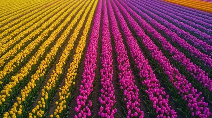 Vibrant tulip fields showcase colorful rows of yellow, pink, and purple blooms in spring sunlight at a countryside location