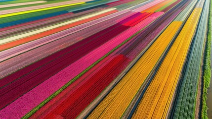 Vibrant rows of tulips bloom in colorful patterns across a Dutch landscape during springtime, showcasing nature's beauty