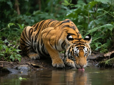 A majestic tiger drinking water from a stream in a lush forest setting.