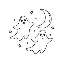 Two Cute Line Art Ghosts Flying Crescent Moon Night Stars