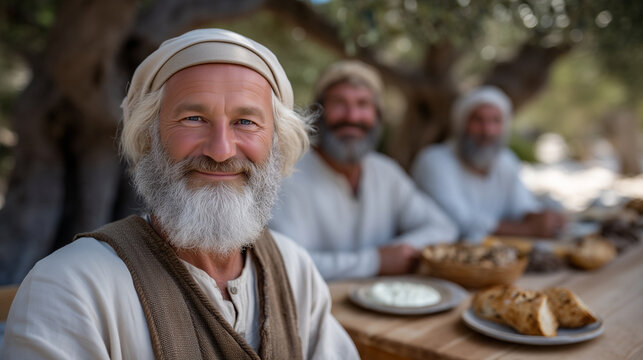 Farmers Enjoying a Rustic Lunch in an Olive Grove