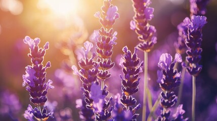 Lavender blooms shining in the sunlight during a serene evening in a garden setting