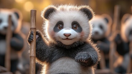 Hyper realistic 3d render Cute Panda Cub Holding Bamboo: Adorable 3D Render of Baby Pandas in Nature AI Generative