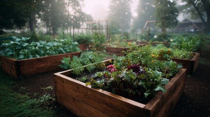 Lush community garden in early morning fog, showcasing vibrant vegetables and herbs grown in raised wooden beds
