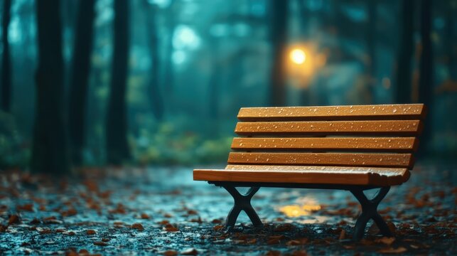 A solitary park bench glistening with raindrops under the soft glow of ambient lighting, creating a serene and contemplative atmosphere in a tranquil outdoor setting.