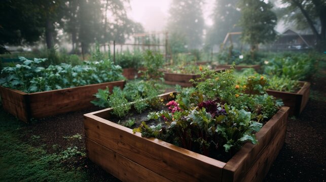 Lush community garden in early morning fog, showcasing vibrant vegetables and herbs grown in raised wooden beds