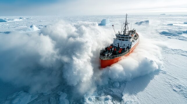An icebreaker ship powerfully navigating through vast expanses of ice, showcasing the challenges of harsh Arctic conditions and human resilience in exploration.