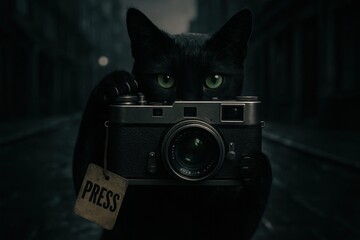 Mysterious black cat holding vintage camera in dark urban setting