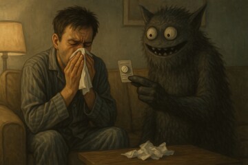 Sneezing man and clumsy monster sharing a moment in cozy living room atmosphere