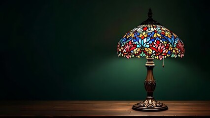 Classic stained glass table lamp glowing on green background. Perfect for vintage interior themes, antique product showcases, or retro home decor design content