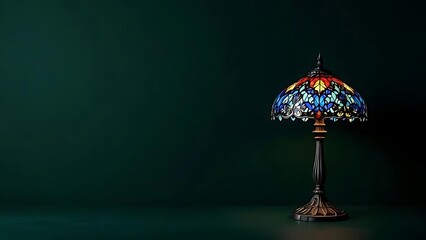 Classic stained glass table lamp glowing on green background. Perfect for vintage interior themes, antique product showcases, or retro home decor design content