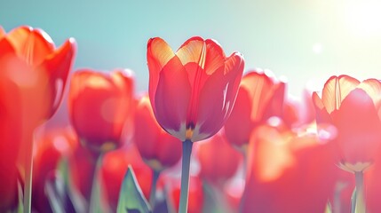 Bright red tulips bloom in a vibrant spring garden under the warm afternoon sun