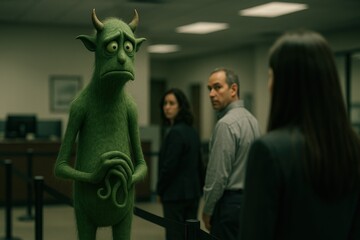 Nervous green monster encountering humans in office setting