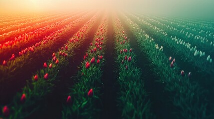 Fields of vibrant tulips blossom under the soft glow of early morning light in a serene landscape
