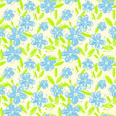 Seamless floral vector pattern with hand drawn  blue flowers and green leaves on a light beige background. Artistic and playful design for textiles and kids products, summer or spring decor