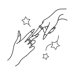Obraz premium Two Hands Reaching Rings and Stars Line Art black and white