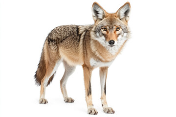 Fototapeta premium Full-body image of a wild coyote standing alert on clean isolated white background