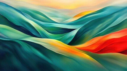 Vibrant abstract landscape with flowing hills and dynamic colors at sunset