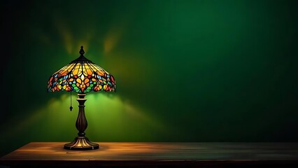 Classic stained glass table lamp glowing on green background. Perfect for vintage interior themes, antique product showcases, or retro home decor design content