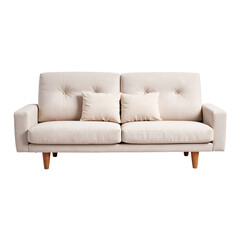Fototapeta premium Modern beige sofa with cushions on white background, concept of furniture, isolate on transparent background 