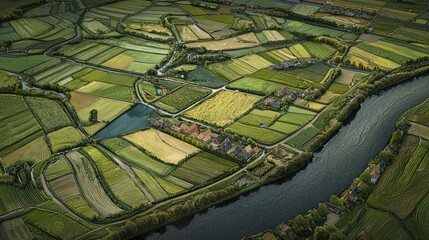 Lush farmland and winding river create a picturesque landscape in rural countryside