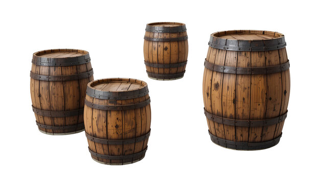 Set of Old Wooden Barrels on Transparent Background &ndash; Vintage Storage and Rustic Decor Concept